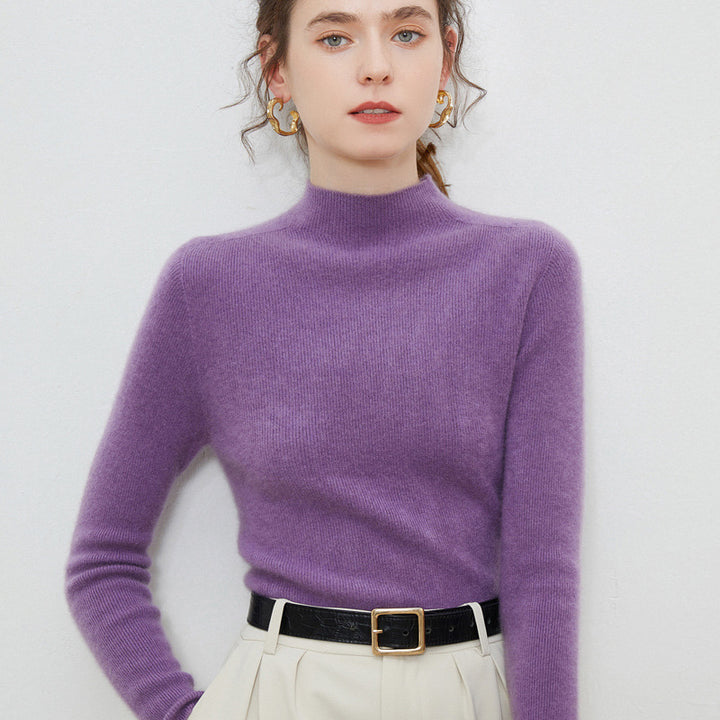 Women Lightweight fitted mock neck pullover in cashmere-like mohair look with fine ribbed texture Mune Fashion