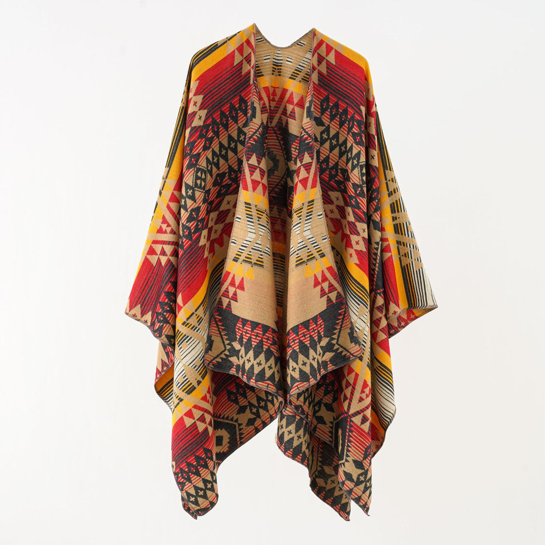 Women's oversized wrap in woven ethnic jacquard with asymmetrical pointed hem Mune Fashion