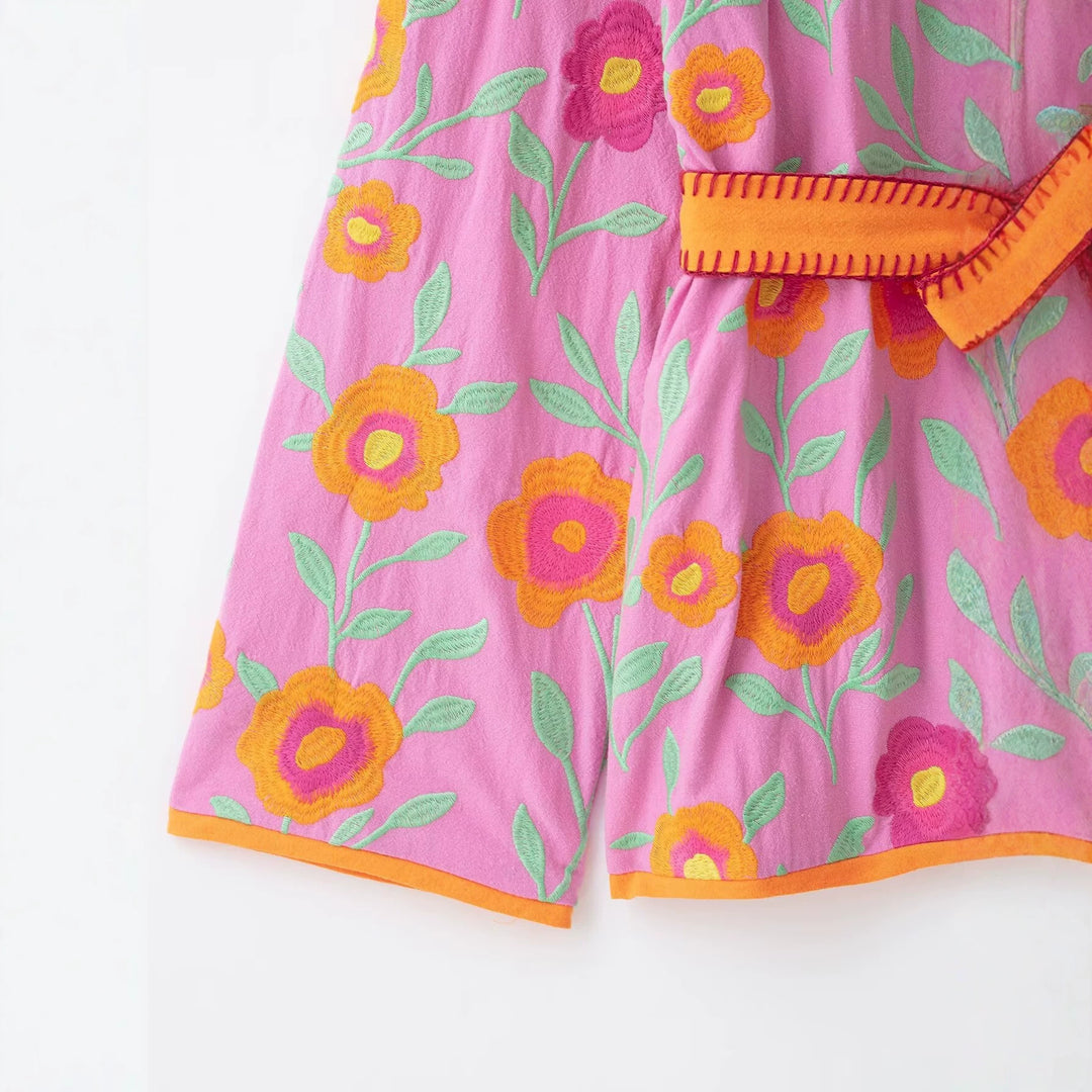 Women's Embroidered Short Kimono made of Cotton Blend with Tied Belt and V-Neck Drune