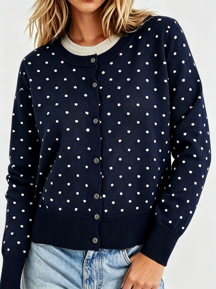 Women's Dotted Fine Knit Cardigan with Round Neck and Ribbed Cuffs Mune Fashion