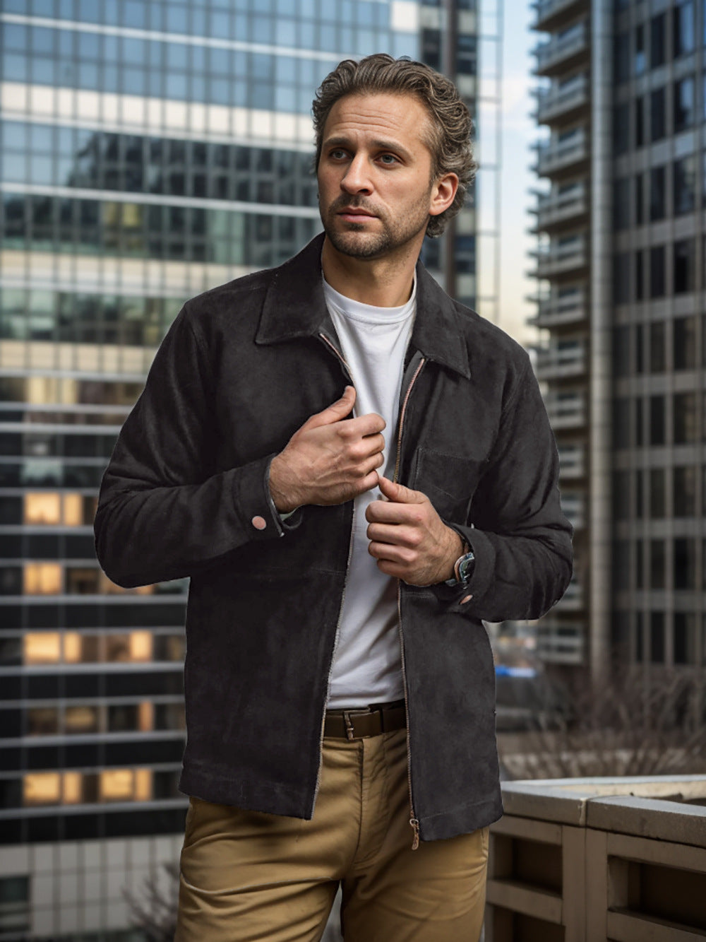 Men's suede leather jacket with stand-up collar and chest pocket Mune Fashion