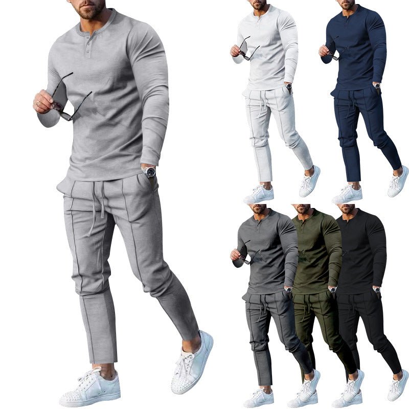 Men's nano athletic Henley long sleeve shirt and tapered jogging pants with decorative seams Mune Fashion