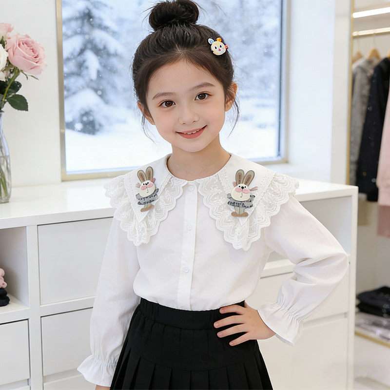 Girls ruffle blouse with playful bunny motif and lace collar Mune Fashion