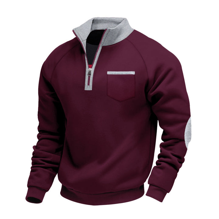 Men's Raglan Half-Zip Sweatshirt with Stand-Up Collar, Chest Pocket & Elbow Application Mune Fashion