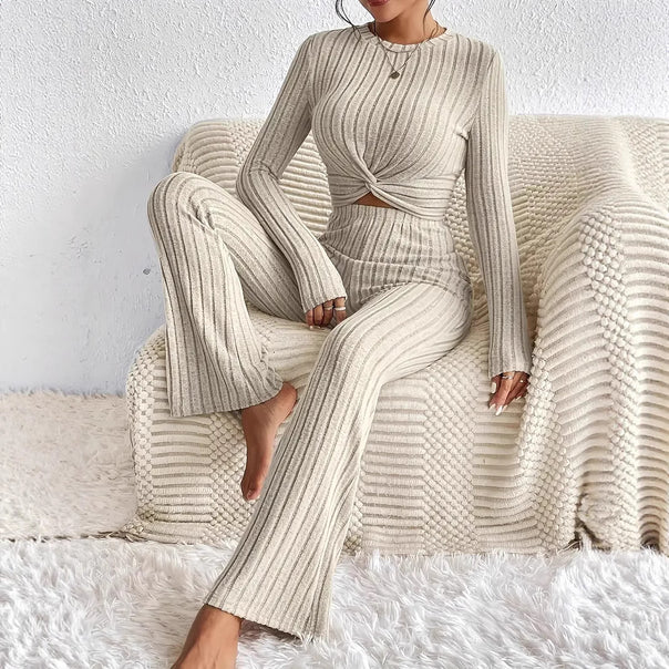 Women's Ribbed Lounge Two-Piece with Twisted Crop Top and High-Cut Flared Pants Mune Fashion