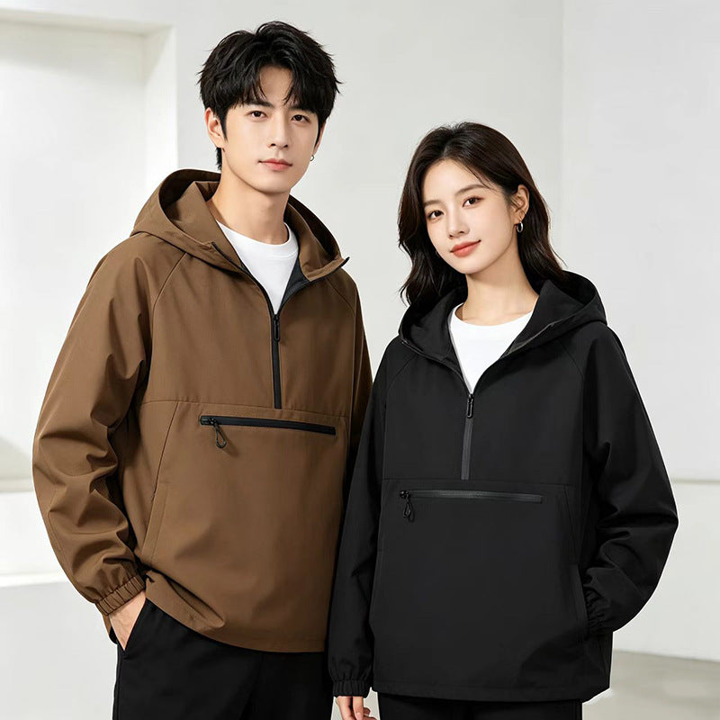 Unisex Lightweight Water-Repellent Hooded Anorak with Half-Zip and Front Zipper Pocket Drune