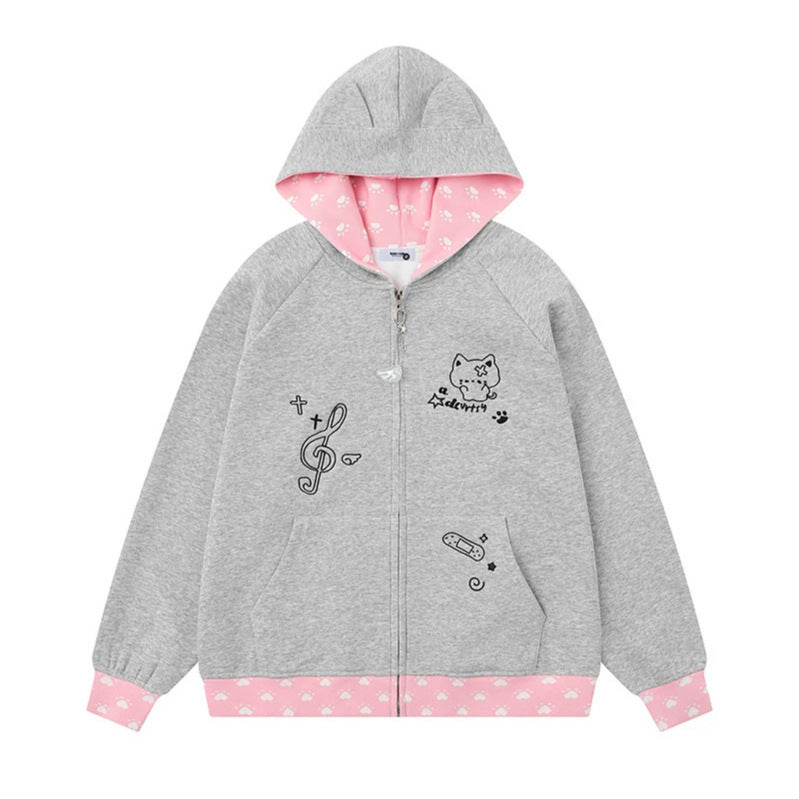 Women's hoodie with zipper in casual kawaii style, contrast hood, comic prints and ribbed cuffs Mune Fashion