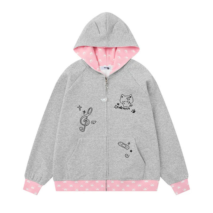 Women's hoodie with zipper in casual kawaii style, contrast hood, comic prints and ribbed cuffs Mune Fashion
