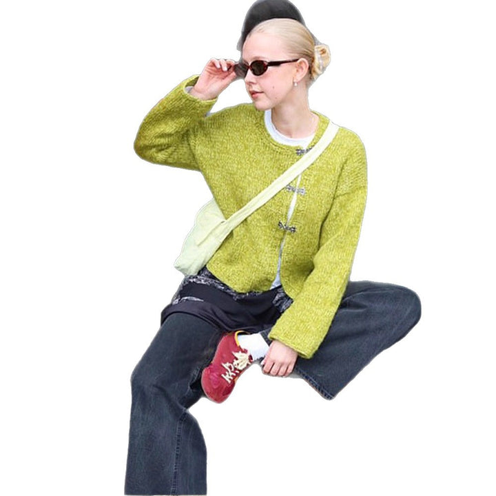 Women's Short Oversized Knit Cardigan with Decorative Hook Closures & Round Neckline Mune Fashion
