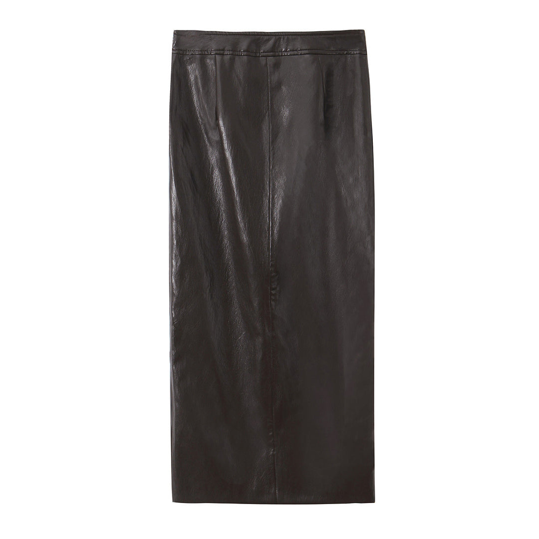 Women's Long Cut Faux Leather Midi Skirt with Straight Cut and Slim Silhouette Mune Fashion