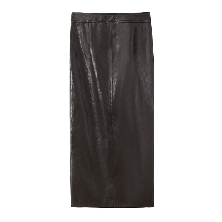 Women's Long Cut Faux Leather Midi Skirt with Straight Cut and Slim Silhouette Mune Fashion