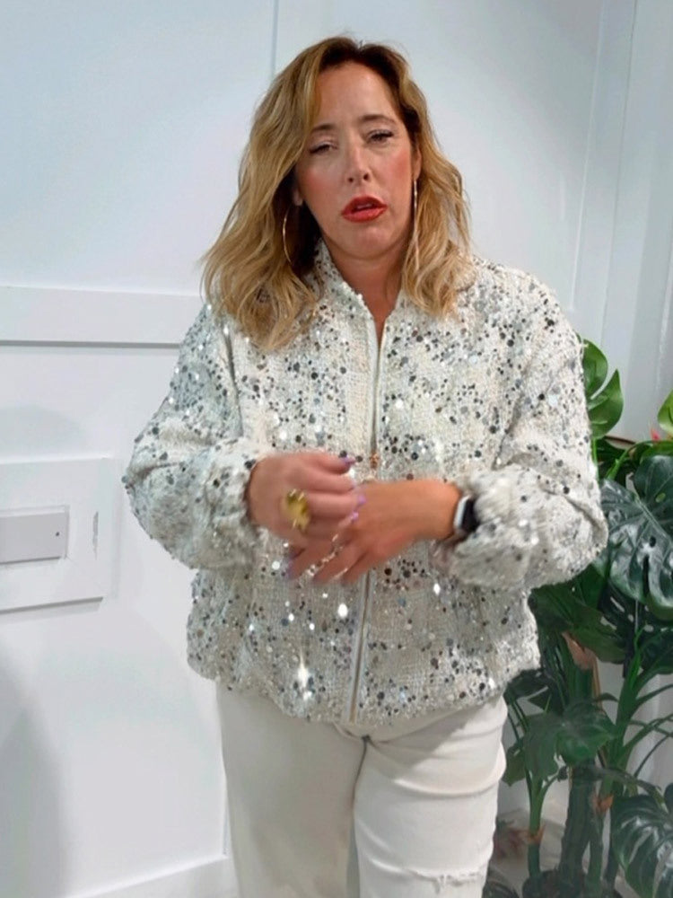 Women's sequin bomber jacket with zip, loose boxy silhouette and decorative glitter appliqués Mune Fashion