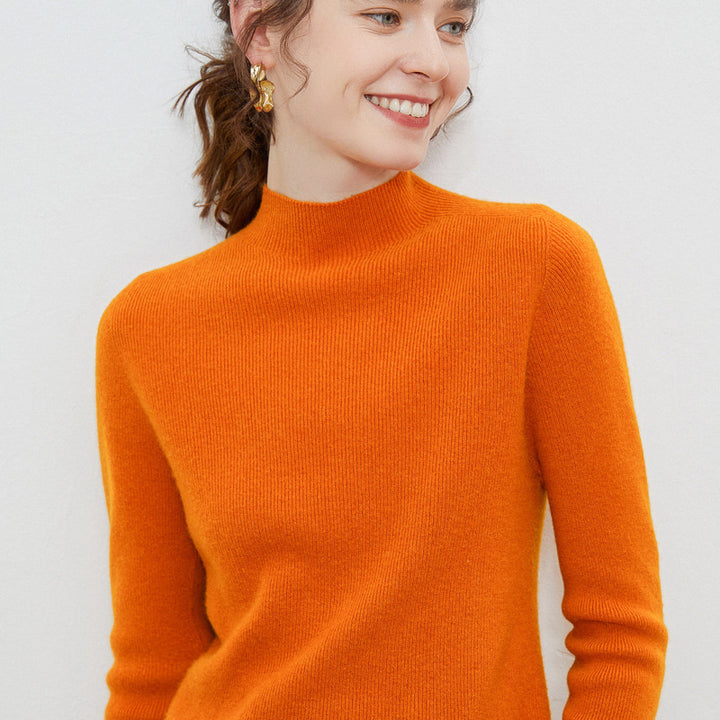 Women Lightweight fitted mock neck pullover in cashmere-like mohair look with fine ribbed texture Mune Fashion