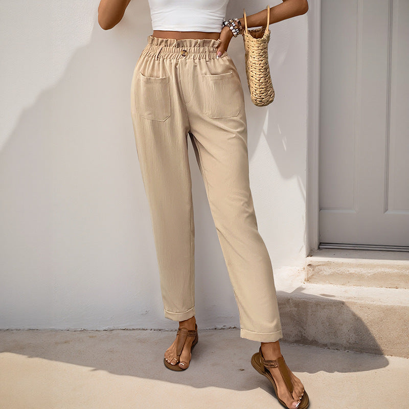 Women's High-Waisted Paperbag Pants with Elastic Waistband, Patch Pockets & Tapered Leg Mune Fashion