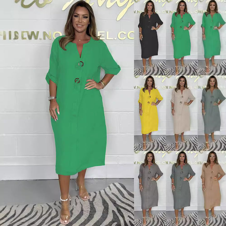 Women's Linen Look Midi Dress with V-Slit, Cord Toggle, and Rollable Three-Quarter Sleeves Mune Fashion