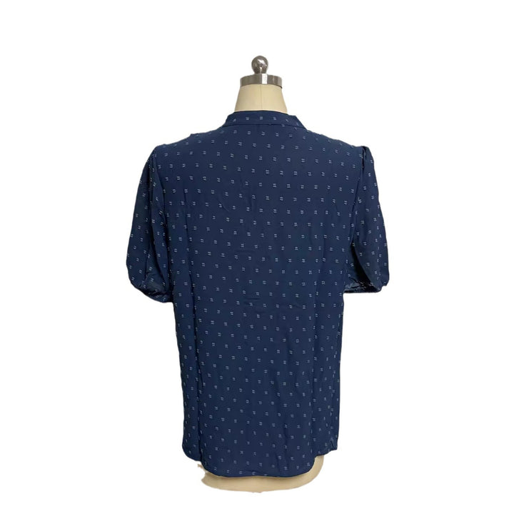 Women's semi-transparent Dobby blouse with stand-up collar, crochet trim, and puff sleeves Mune Fashion