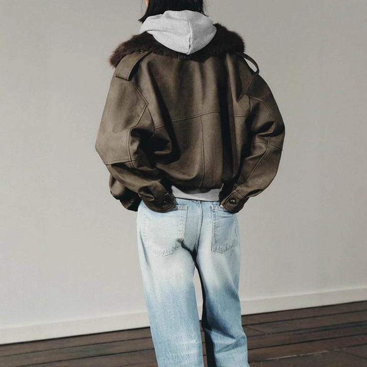 Women's short jacket in aviator style with faux fur hood and patch pockets Mune Fashion
