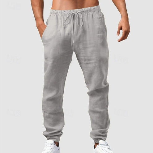 Men's relaxed sporty linen leisure pants with drawstring waistband, elastic ankle cuffs, and side seam pockets Mune Fashion