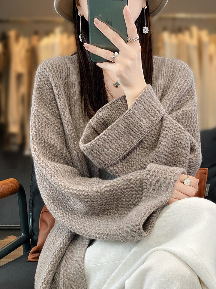 Women Long Oversized Knit Cardigan with Structure Pattern and Insert Pockets Mune Fashion