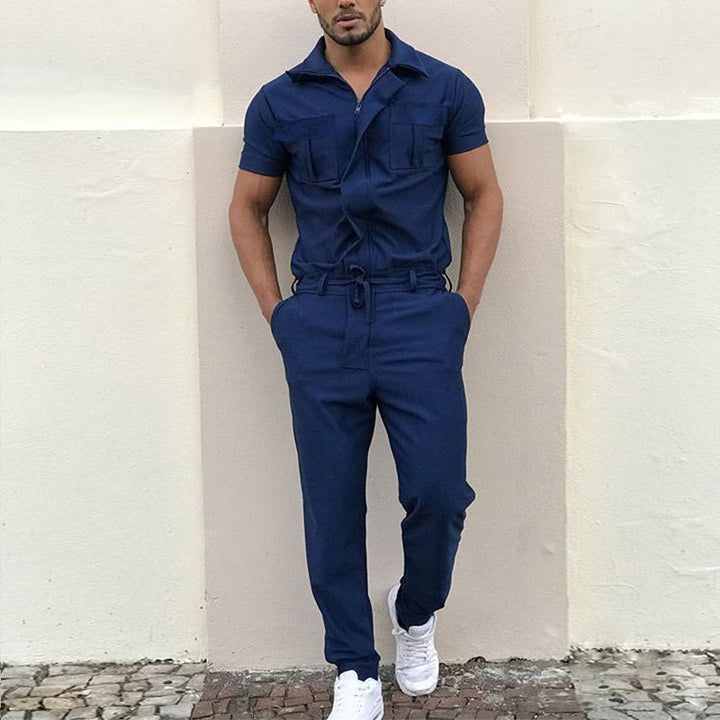 Men's short-sleeved overall work suit with concealed front closure and applied chest pockets Mune Fashion