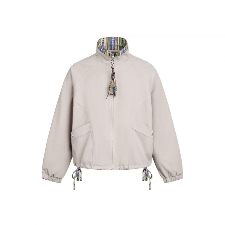 Women Short Tail Bomber Jacket with Stand-Up Collar and Patterned Lining Mune Fashion