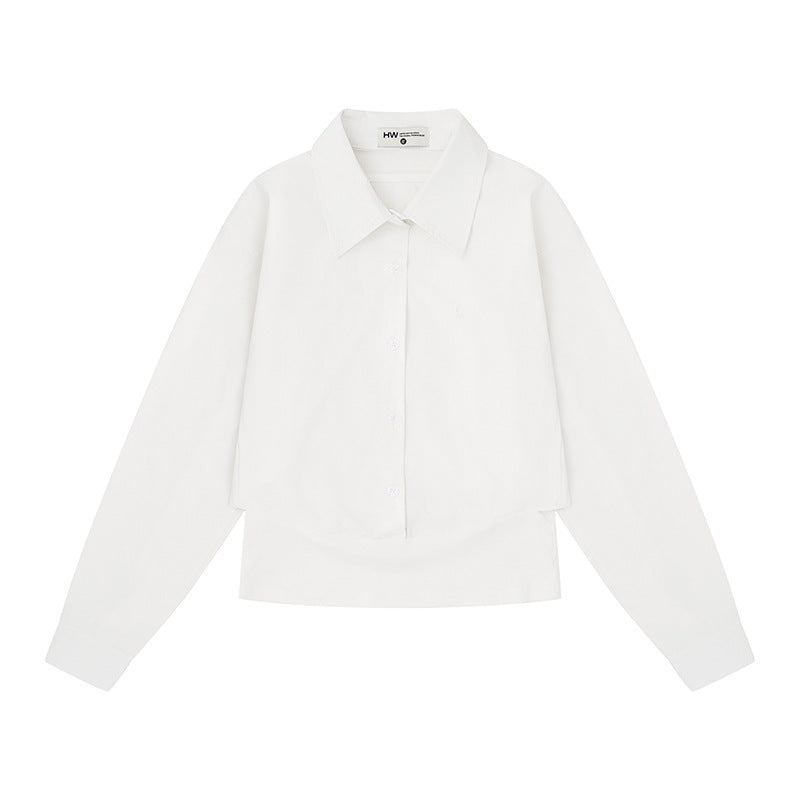 Women's cropped layered shirt with wide Kent collar and extended back Mune Fashion