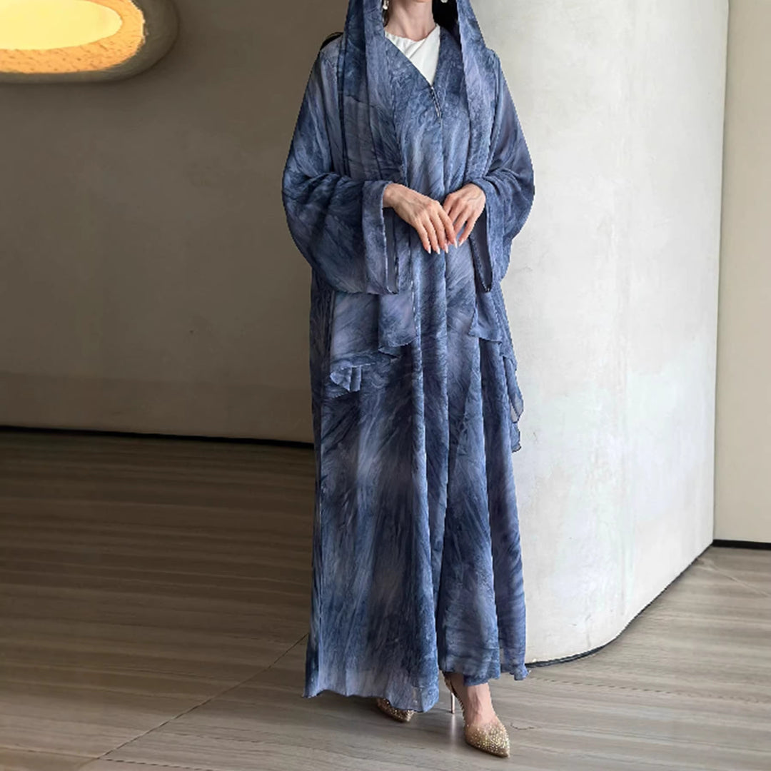 Women's long flowing hooded kaftan dress with wide sleeves and multi-layer chiffon Mune Fashion