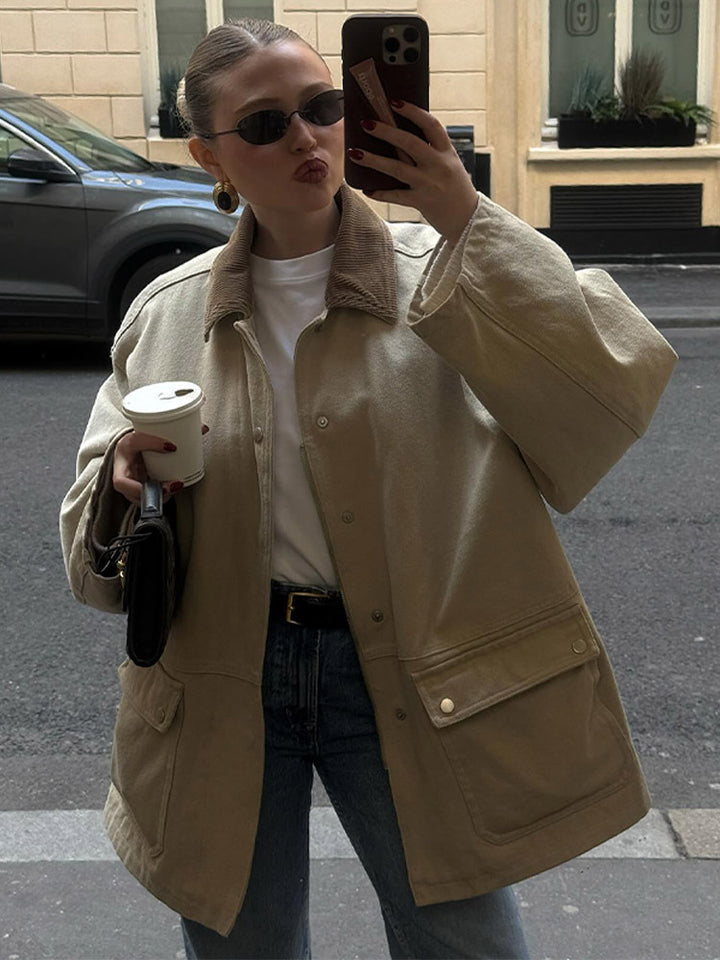 Women's Oversized Field Jacket with Cord Collar, Large Flap Pockets and Snap Button Closure Mune Fashion