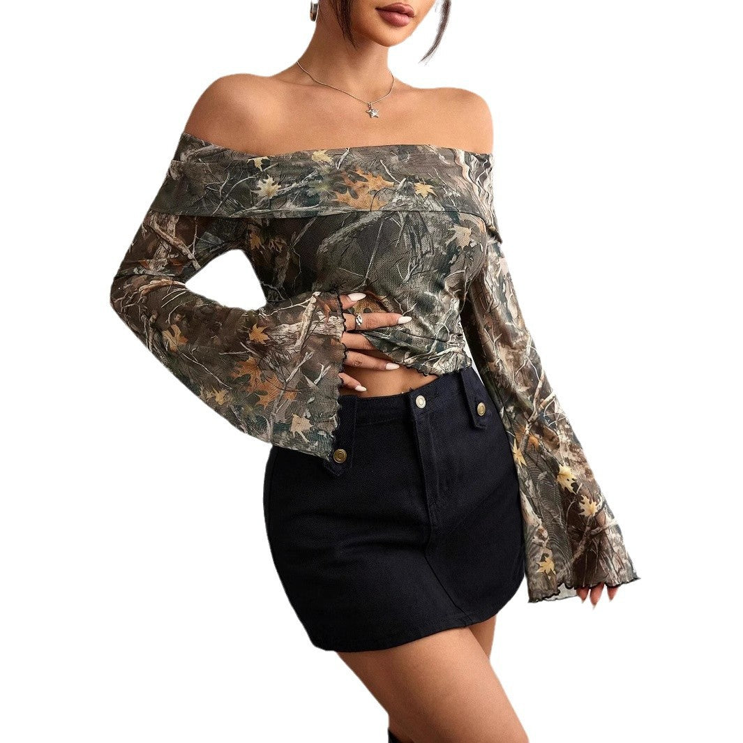 Women's off-the-shoulder long sleeve top with camouflage leaf pattern and flared sleeves Mune Fashion