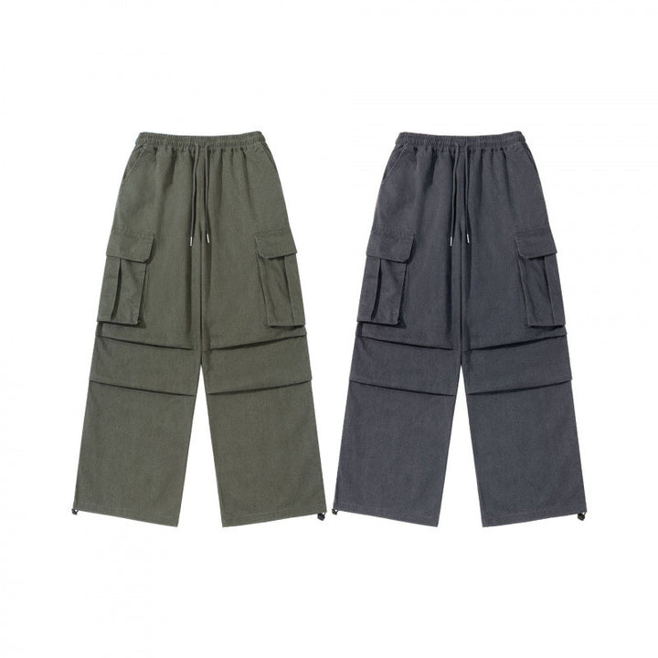 Men's Wide Cargo Pants with Elastic Waistband, Drawstring and Overlapping Panels Mune Fashion