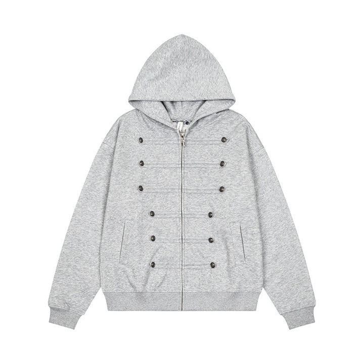 Ladies Hooded Sweat Jacket with decorative Double Button Placket and Zipper Mune Fashion