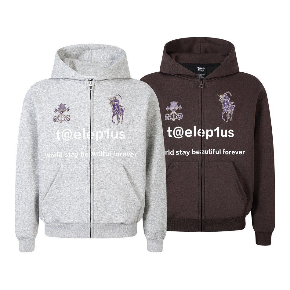Unisex Hooded Zip Jacket with Embroidered Crest and Front Print Mune Fashion