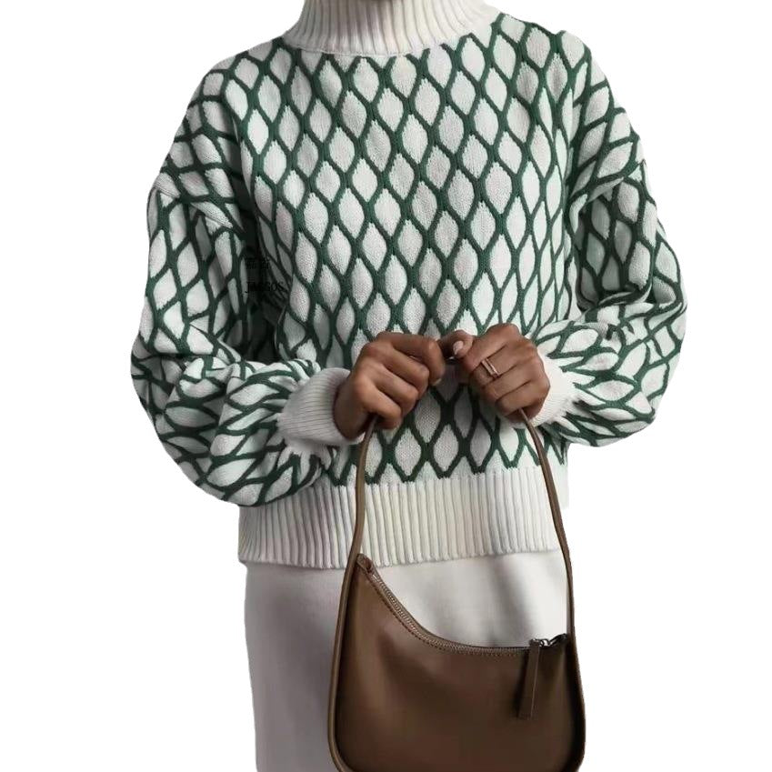Women's Oversized Knitted Sweater with Diamond Pattern and Stand-Up Collar Mune Fashion