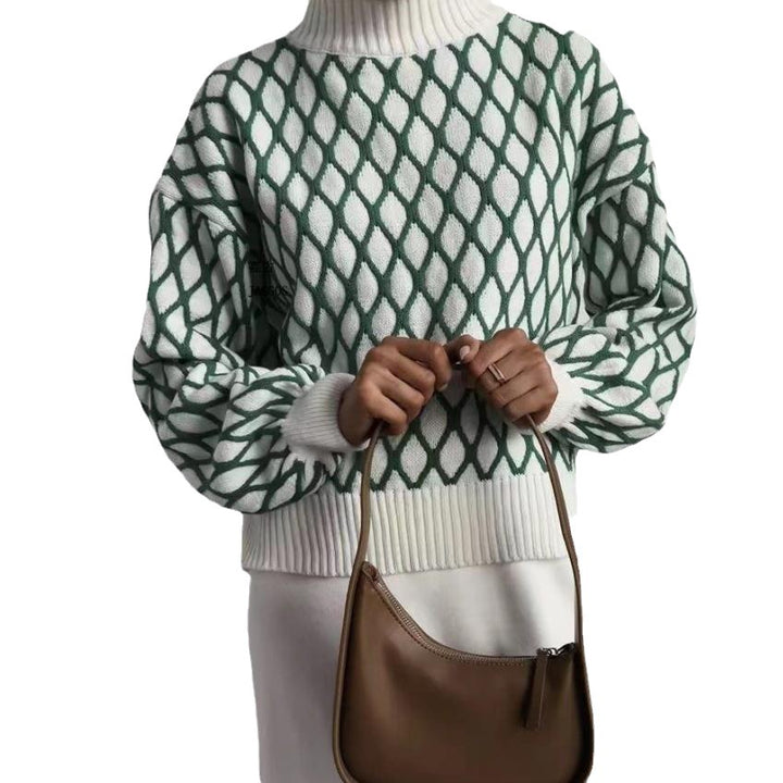 Women's Oversized Knitted Sweater with Diamond Pattern and Stand-Up Collar Mune Fashion