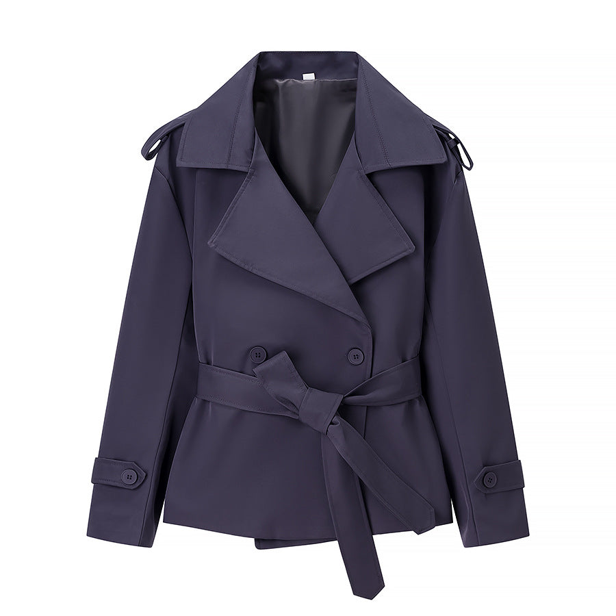 Women's short trench coat jacket with waist belt, wide lapels, and decorative shoulder epaulettes Mune Fashion