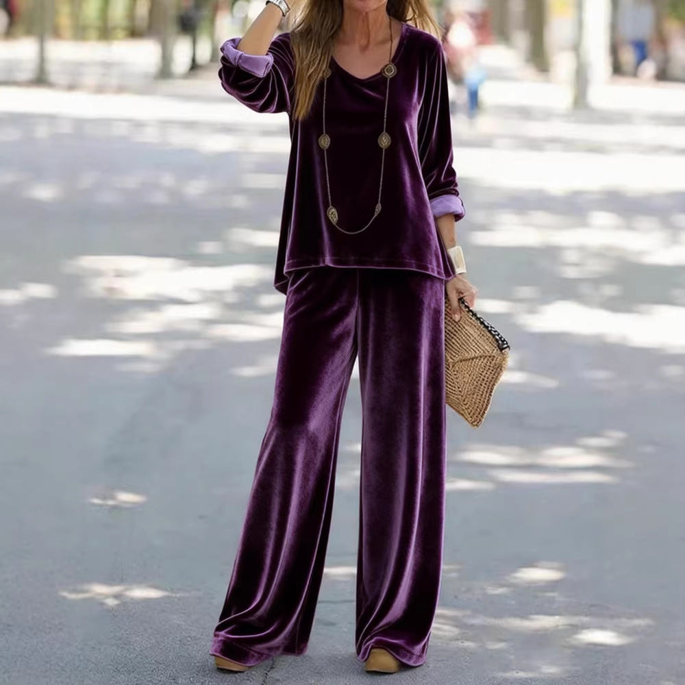 Women's Elegant Velvet Two-Piece Lounge Set with V-Neck and Wide Leg