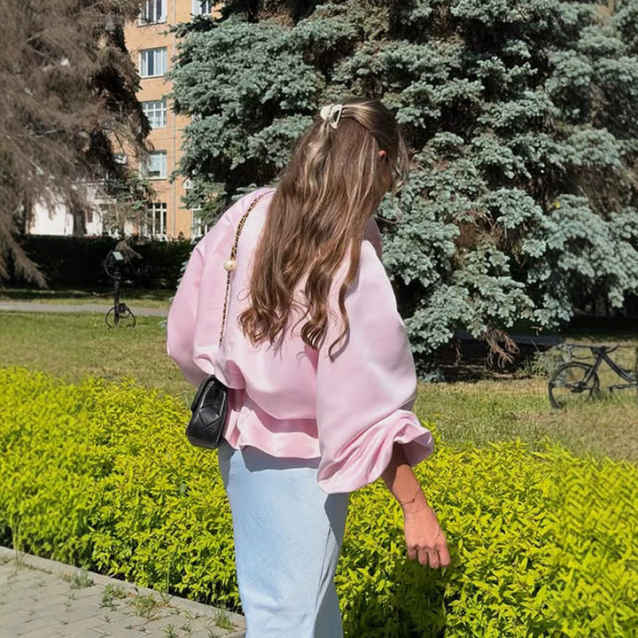 Women's satin blouse jacket with voluminous balloon sleeves, stand-up collar and fitted placket Mune Fashion