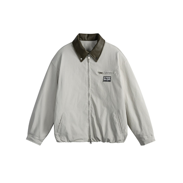 Unisex Oversized Blouson Jacket with Faux Leather Shawl Collar, Two-Way Zipper and Elastic Hem Mune Fashion