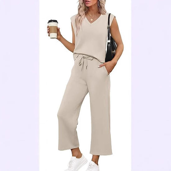 Women Casual Two-Piece Lounge Set with Sleeveless V-Neck Top and Wide Drawstring Pants Mune Fashion