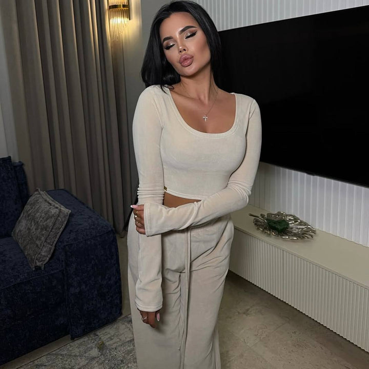 Women’s Modern Cropped Lounge Set with Long Sleeves and Elastic Waist Pants Mune Fashion