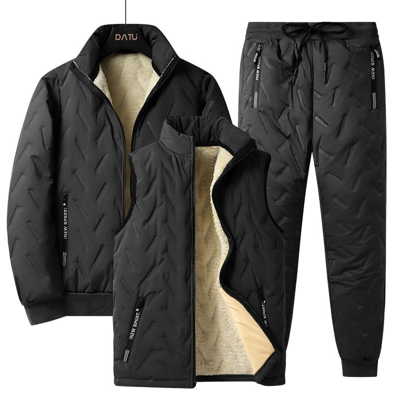 Men's Three-Piece Quilted Winter Set with Teddy Lining — Stand Collar Jacket, Padded Vest & Thermal Pants Mune Fashion