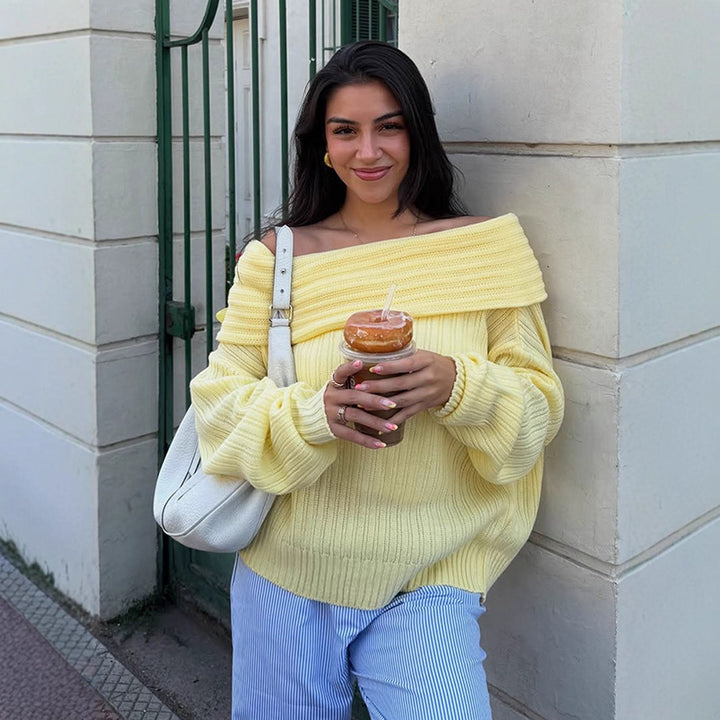 Women Off-Shoulder Ribbed Knit Sweater with Wide Folded Collar Mune Fashion