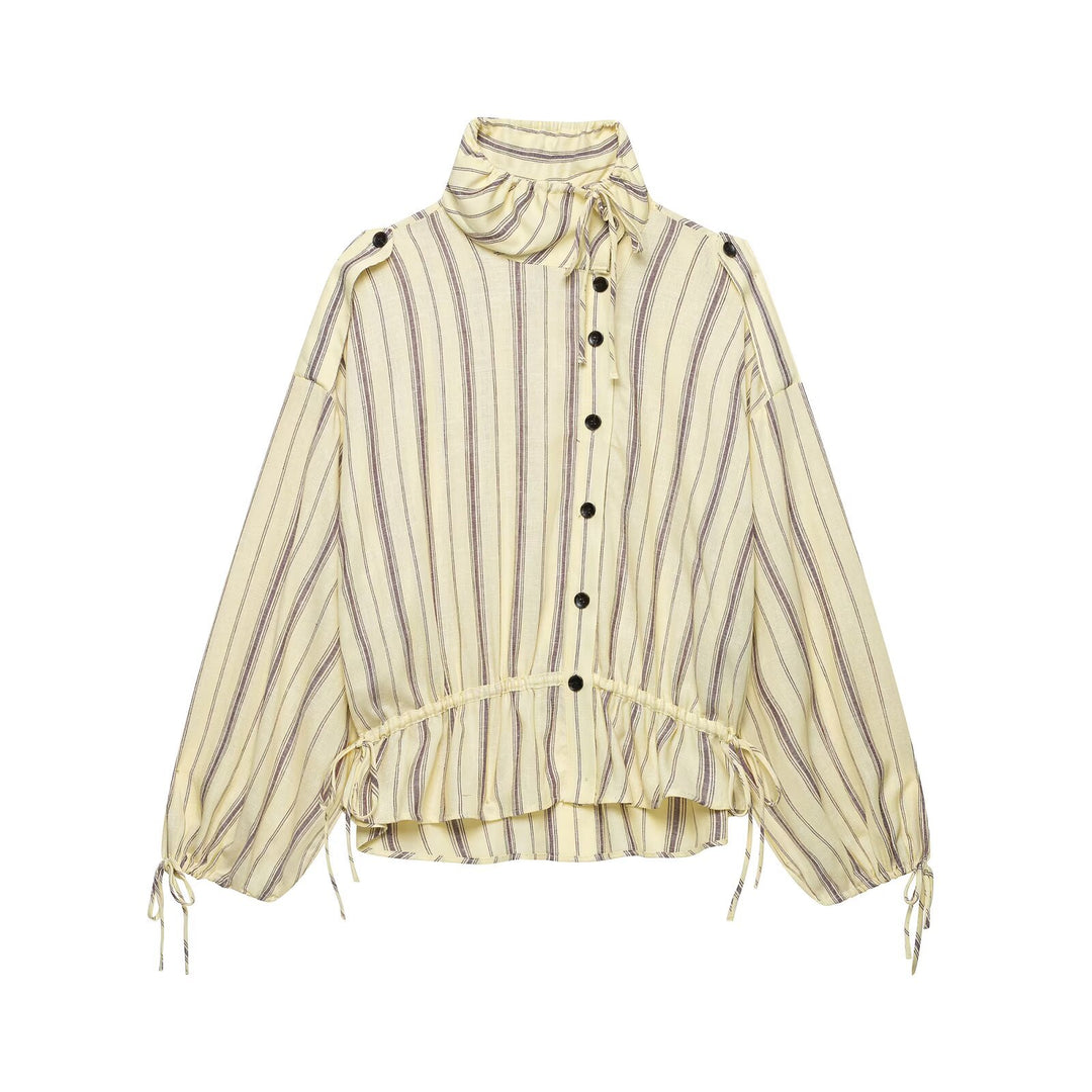 Women two-piece striped set of blouse with stand-up collar and wide palazzo pants Drune