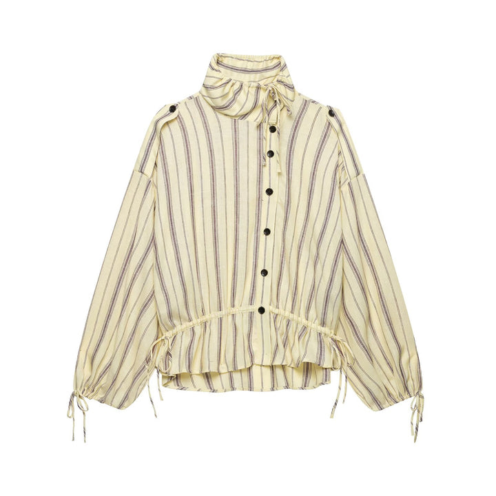 Women two-piece striped set of blouse with stand-up collar and wide palazzo pants Drune