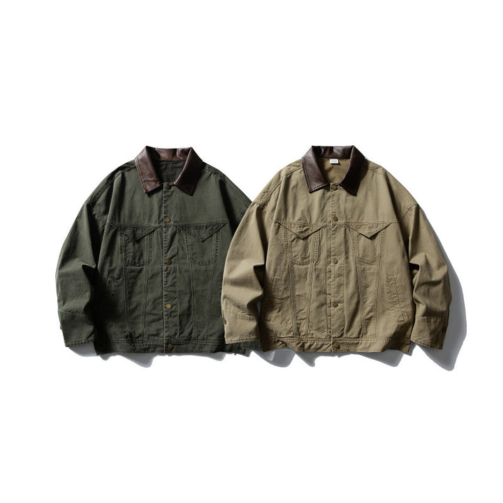Men's Boxy Canvas Jacket with Leather Collar and Overshirt Silhouette Mune Fashion