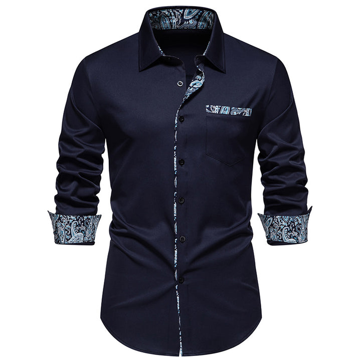 Men's elegant slim-fit shirt with paisley contrast trim on collar band, cuffs, and breast pocket Mune Fashion