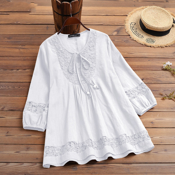 Women's Casual Tunic Blouse with Crochet Lace, Tie Collar and Three-Quarter Sleeves Mune Fashion