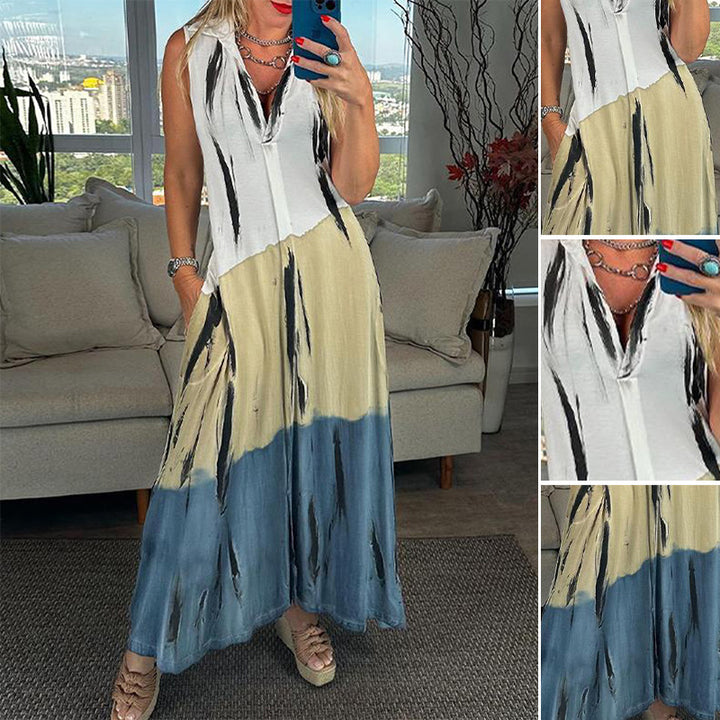 Women's sleeveless long dress with shirt collar, side insertion pockets, and brush stripe pattern Mune Fashion
