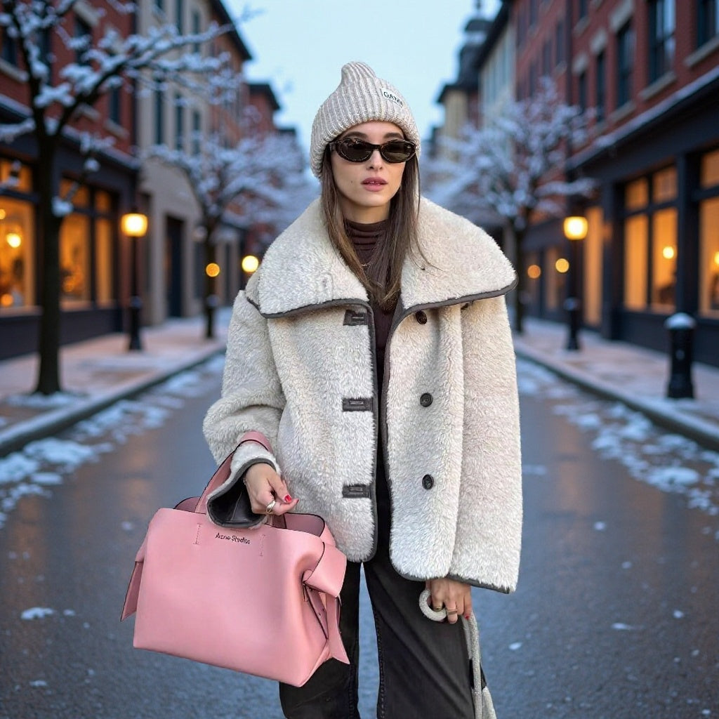 Women Short Cut Faux Fur Field Coat with Oversized Shawl Collar and Contrasting Piping Mune Fashion