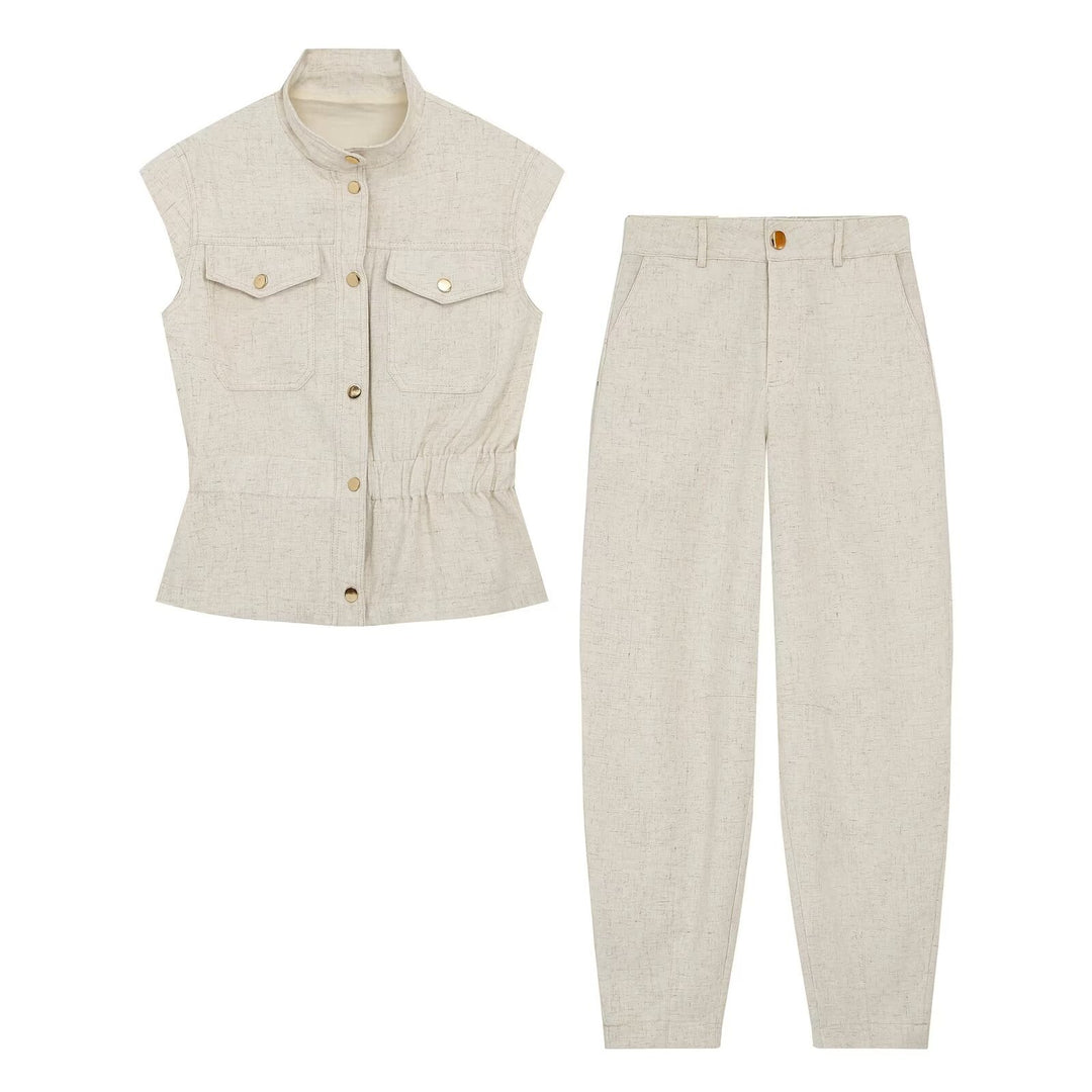 Women High-Waisted Linen Blend Pants with Slim Fit and Decorative Seams Mune Fashion